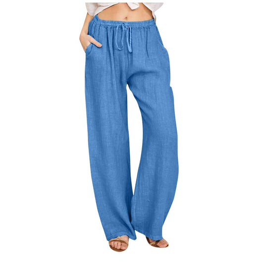 Womens Linen Pants Wide Leg Trendy Casual Pants Elastic High Waist Drawstring Loose Fit Palazzo Trousers with Pockets