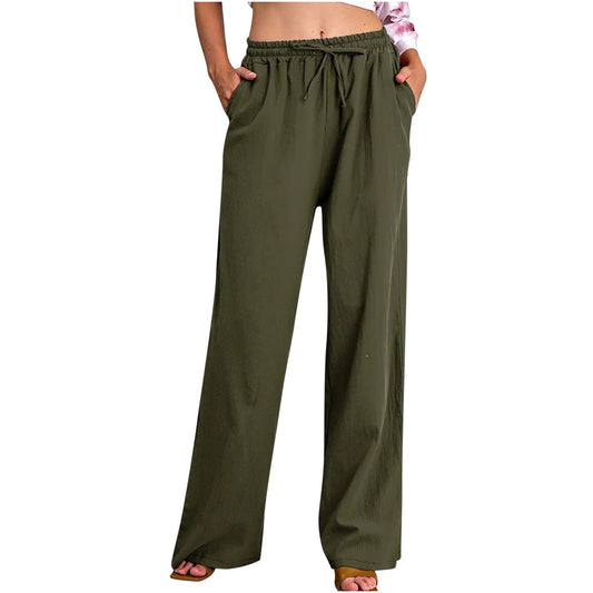 Womens Linen Pants Wide Leg Trendy Casual Pants Elastic High Waist Drawstring Loose Fit Palazzo Trousers with Pockets