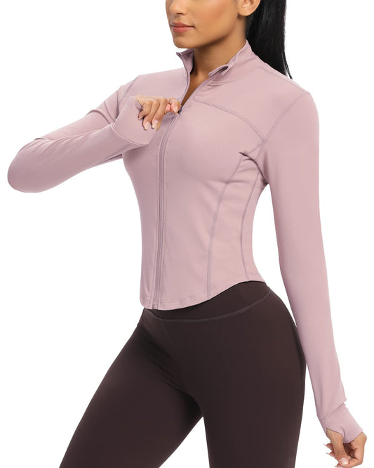 Workout Running Jackets for Women Zip Up Athletic Yoga Cropped Tops with Thumb Holes