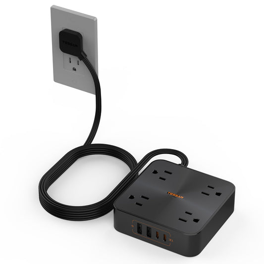 Flat Plug Extension Cord Indoor 5 Feet, Power Bars with Surge Protector, TESSAN Power Strip with 4 Multiple Outlets 3 USB Ports (1 USB C), Surge Protection for Dorm Room Home Office, Gray