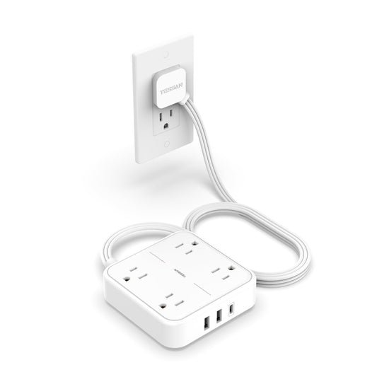 Flat Plug Extension Cord Indoor 5 Feet, Power Bars with Surge Protector, TESSAN Power Strip with 4 Multiple Outlets 3 USB Ports (1 USB C), Surge Protection for Dorm Room Home Office, Gray
