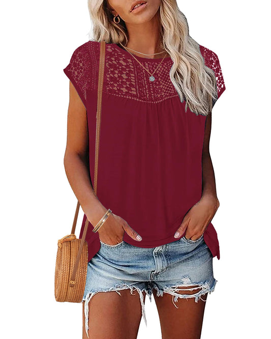 WNEEDU Women's Summer T Shirts Casual Crew Neck Lace Trim Ladies Tops 2025 New
