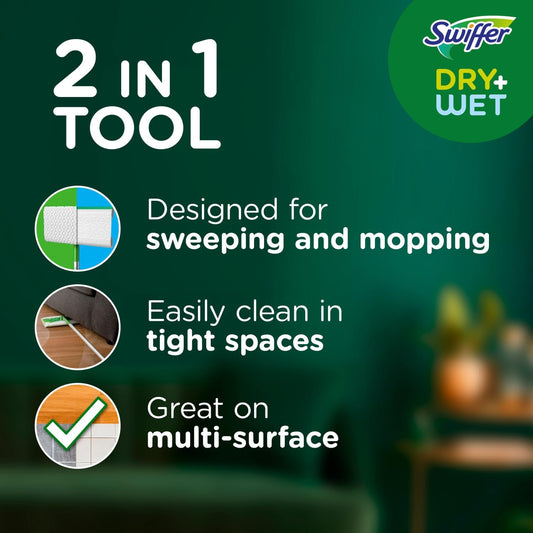 Swiffer Sweep + Mop, Broom & Mop Alternative, Dry & Wet Floor Cleaner for Dirt, Dust, Hair, All Purpose Cleaning Tool for Home, Bathroom, Kitchen, Set Includes 1 Sweeper, 14 Dry Pads, 5 Wet Pads Fresh
