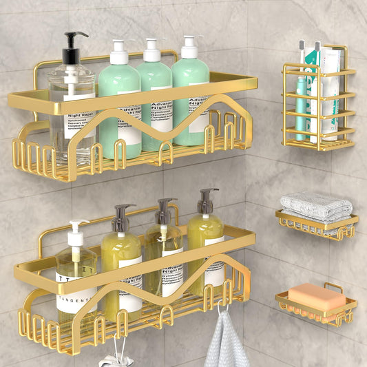 Coraje Adhesive Shower Caddy, 5-Pack Shower Shelves, Large Capacity Load Bearing 40 LBS Shower Organizer, No Drilling Shower Shelf, Rustproof Stainless Steel Bathroom Shower Storage, Black