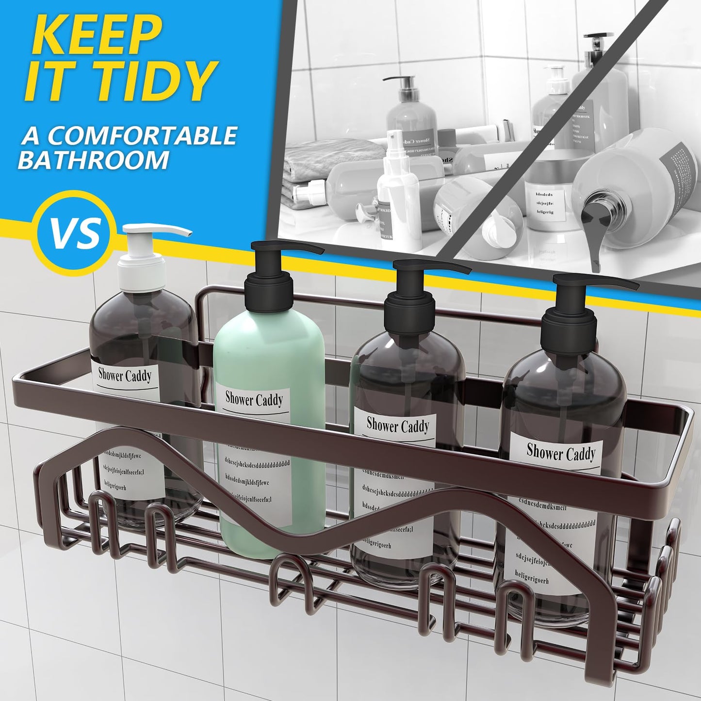 Coraje Adhesive Shower Caddy, 5-Pack Shower Shelves, Large Capacity Load Bearing 40 LBS Shower Organizer, No Drilling Shower Shelf, Rustproof Stainless Steel Bathroom Shower Storage, Black