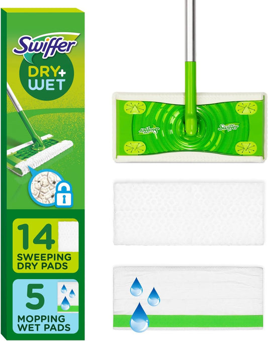 Swiffer Sweep + Mop, Broom & Mop Alternative, Dry & Wet Floor Cleaner for Dirt, Dust, Hair, All Purpose Cleaning Tool for Home, Bathroom, Kitchen, Set Includes 1 Sweeper, 14 Dry Pads, 5 Wet Pads Fresh