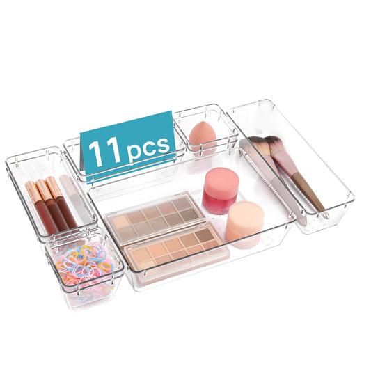 Vtopmart 25 PCS Plastic Clear Drawer Organizer, Acrylic Desk Drawer organizers, Organization and Storage for Makeup, Bathroom, Office, kitchen, Bedroom