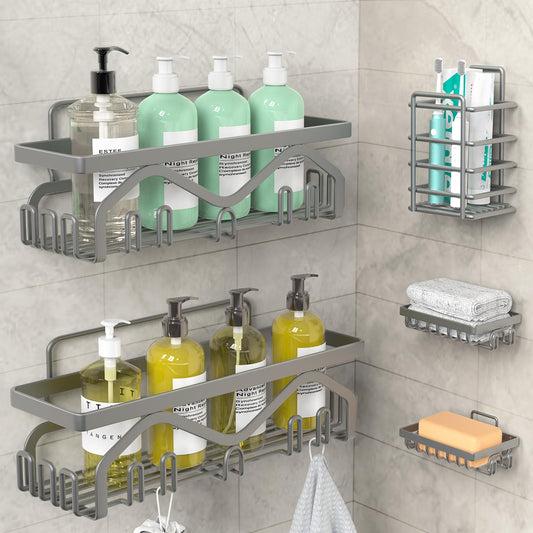 Coraje Adhesive Shower Caddy, 5-Pack Shower Shelves, Large Capacity Load Bearing 40 LBS Shower Organizer, No Drilling Shower Shelf, Rustproof Stainless Steel Bathroom Shower Storage, Black
