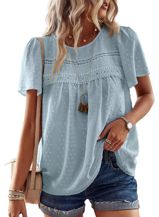 Womens Summer Tops Crewneck Short Sleeve Shirts Casual Chiffon Blouses Flowy Lace Hem Boho Clothing Trendy 2025