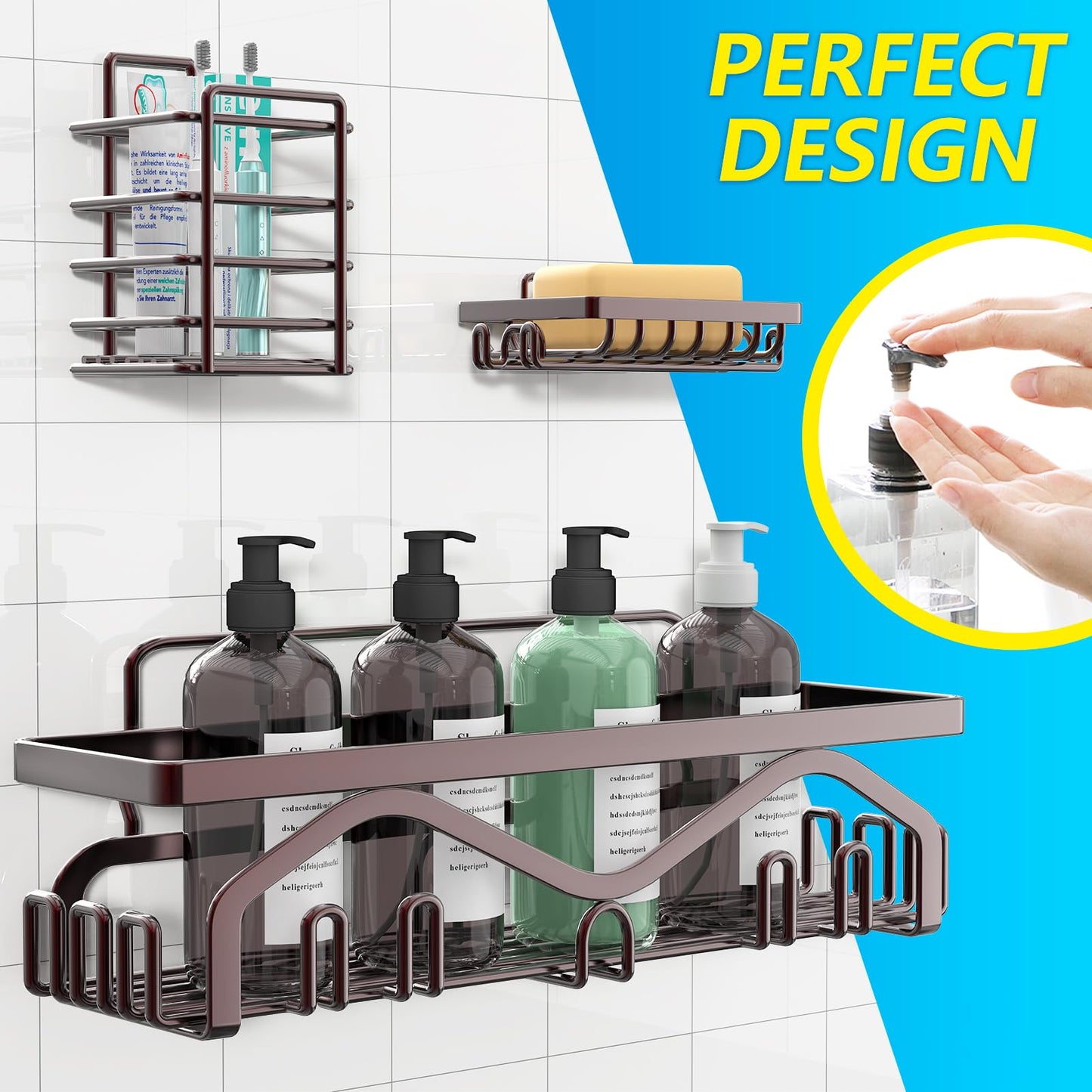 Coraje Adhesive Shower Caddy, 5-Pack Shower Shelves, Large Capacity Load Bearing 40 LBS Shower Organizer, No Drilling Shower Shelf, Rustproof Stainless Steel Bathroom Shower Storage, Black