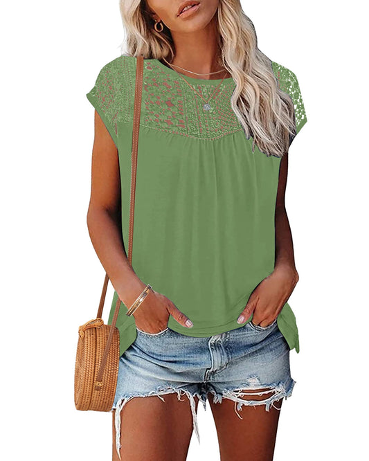 WNEEDU Women's Summer T Shirts Casual Crew Neck Lace Trim Ladies Tops 2025 New