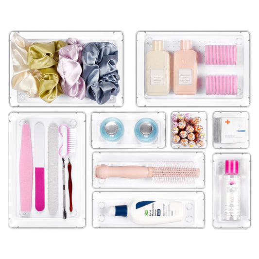 Vtopmart 25 PCS Plastic Clear Drawer Organizer, Acrylic Desk Drawer organizers, Organization and Storage for Makeup, Bathroom, Office, kitchen, Bedroom