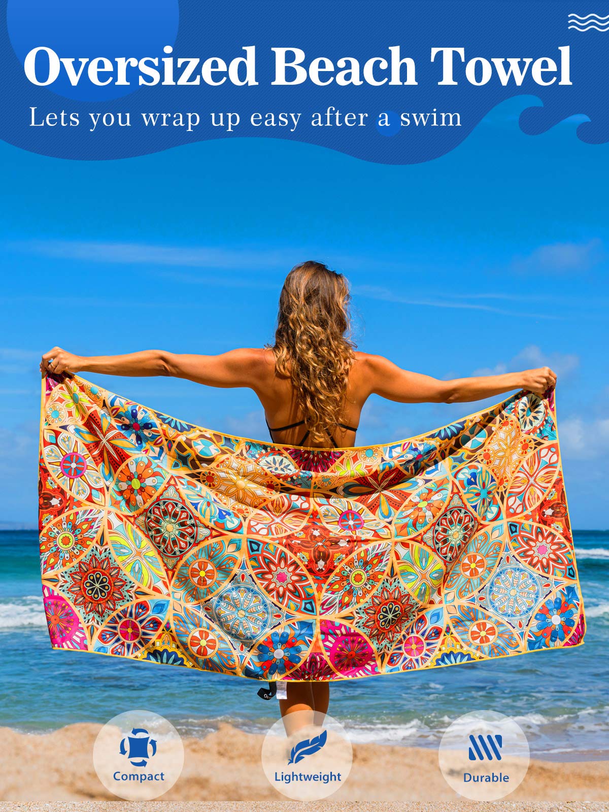 OCOOPA Microfiber Beach Towel Sand Free, Extra Large 71''X32'' Oversized Towels, Lightweight Compact Quick Dry Absorbent Pool Towel for Bath,Camping,Swimming,Travel Accessories