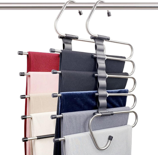 Feerahozer Magic Pants Hangers Space Saving - 2 Pack for Closet Multiple Layers Multifunctional Uses Rack Organizer for Trousers Scarves Slack (2 Pack with 10 Metal Clips)